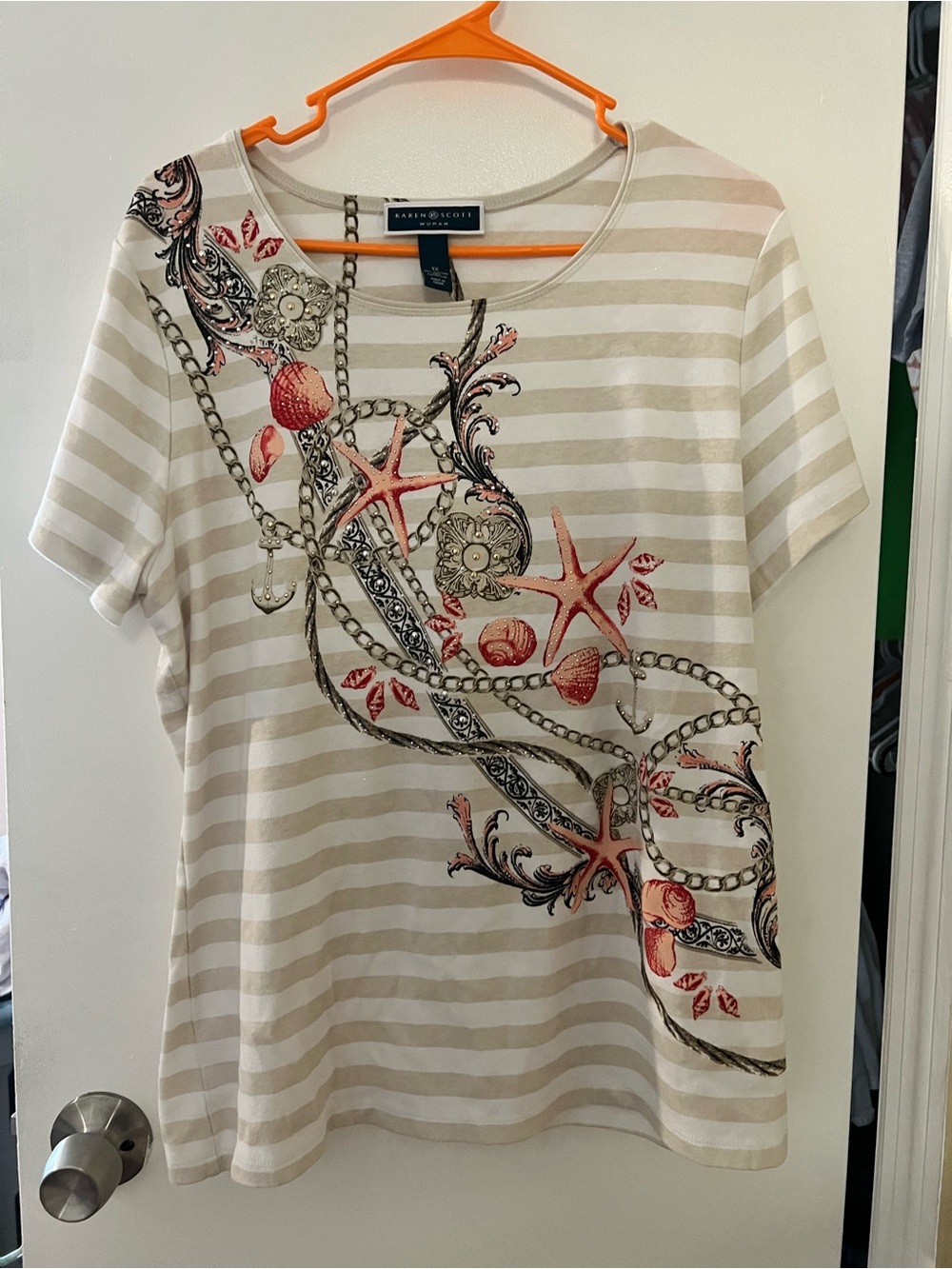 Karen Scott Beige and White Striped Short-Sleeve Tee with Coral Nautical Print
